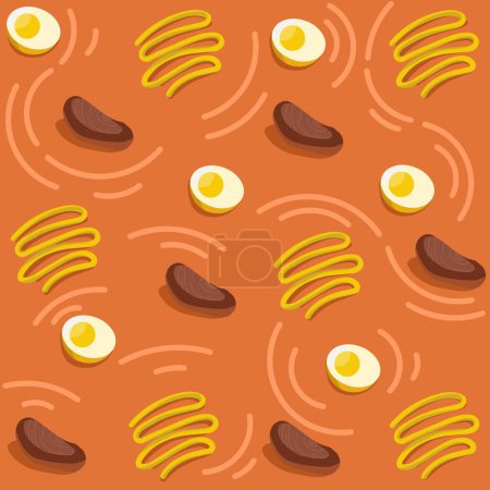Téléchargez les photos : Aliments vectoriels contenant des œufs, de la viande et des nouilles sur fond orange illustration - en image libre de droit