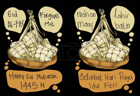 Illustration for Eid al-Fitr greetings with ketupat on a black background - Royalty Free Image