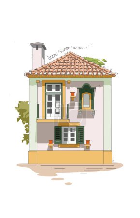 Téléchargez les illustrations : Minuscule maison avec fenêtres vertes et murs jaunes et blancs avec pots de fleurs - en licence libre de droit