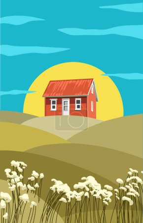 Téléchargez les photos : Illustration d'une maison peinte en rouge sur une colline avec des pissenlits et le ciel est bleu - en image libre de droit