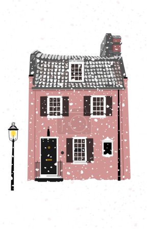 Téléchargez les photos : Bâtiment maison rose avec fenêtre sous la neige - en image libre de droit