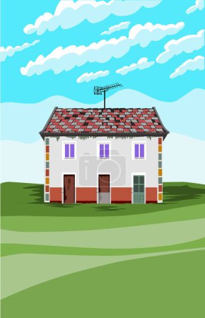 Téléchargez les photos : Une maison simple au milieu d'un champ avec un ciel bleu et des nuages en arrière-plan - en image libre de droit