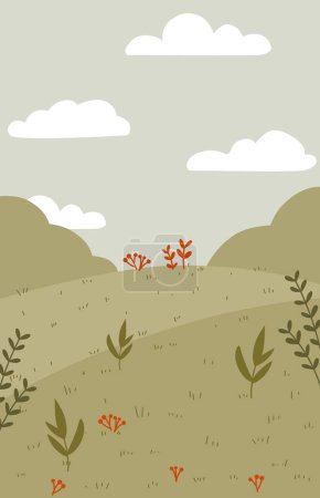 Illustration for Illustration of a green grass field and bushes with a blue sky and clouds in the background For story books - Royalty Free Image
