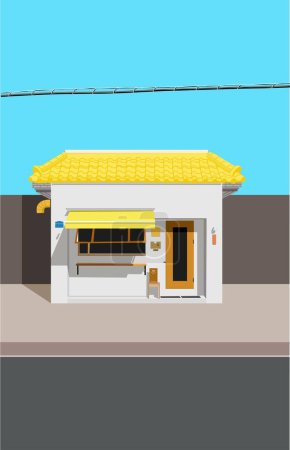 Téléchargez les photos : Petit magasin avec toit jaune sur un trottoir avec ciel bleu - en image libre de droit