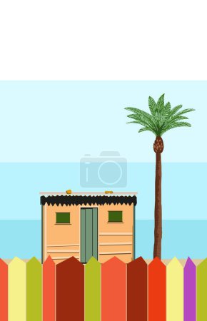 Téléchargez les photos : Une maison simple avec un cocotier à côté et des clôtures colorées - en image libre de droit
