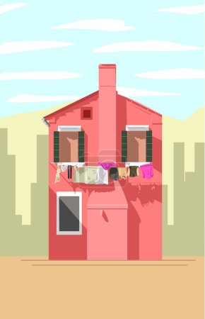 Illustration for Tall red house with the chimney there is a laundry - Royalty Free Image