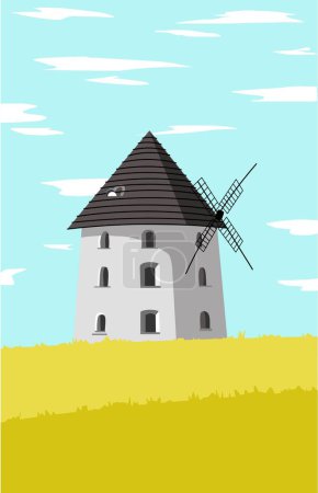 Illustration for Tower building with Windmill in the middle of the yellow meadow - Royalty Free Image