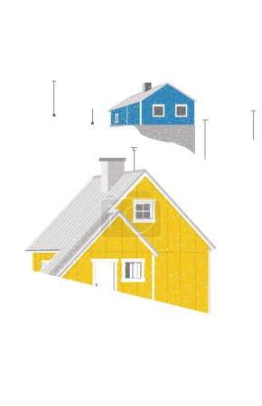 Ilustración de Casa pintada de amarillo y azul en una colina nevada - Imagen libre de derechos