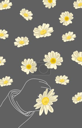 Ilustración de Papel pintado de flores de margarita en la mano del bebé sobre un fondo gris - Imagen libre de derechos