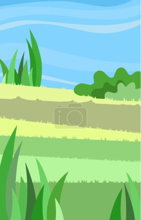 Téléchargez les illustrations : Jardin avec herbe et buissons comme arrière-plan pour les livres d'histoires pour enfants - en licence libre de droit