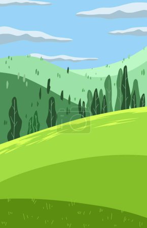 Téléchargez les photos : Paysage de champs d'herbe verte et de collines avec des pins pour le fond des livres d'histoires d'images pour enfants - en image libre de droit