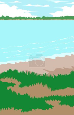 Ilustración de Vista al lago con cielo azul y nubes para libros de cuentos - Imagen libre de derechos