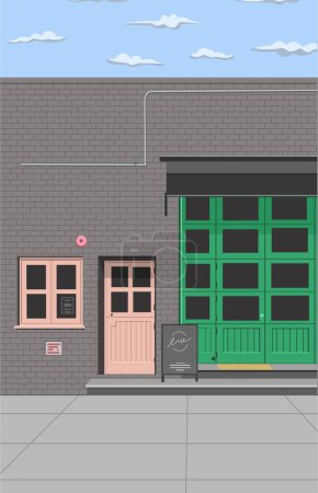 Ilustración de Un edificio cafetería con paredes grises y puertas verdes ventanas rosadas con cielo azul y nubes - Imagen libre de derechos
