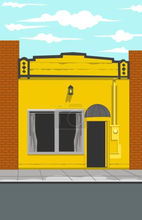 Téléchargez les photos : Un magasin jaune sur le côté de la route Entouré de bâtiments en briques - en image libre de droit