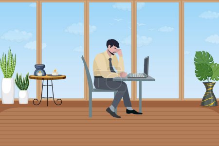 Loss in Business and Tensed Businessman with Laptop for Loss Project and Depressed Employer in Sad Mood for Business Loss at Office. Tired man concept, young guy holding hands on his head, low-energy