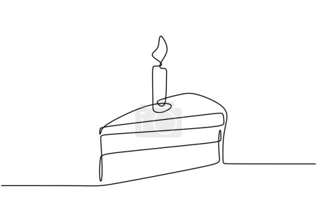 Téléchargez les illustrations : Gâteau d'anniversaire dans le style de dessin d'art en ligne continue. Gâteau d'anniversaire traditionnel avec bougie sur le dessus croquis linéaire noir minimaliste isolé sur fond blanc. Illustration vectorielle - en licence libre de droit