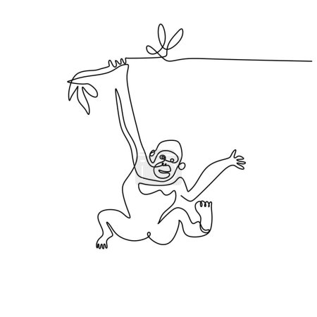 Ilustración de Una sola línea continua de orangután colgando de un árbol aislado sobre fondo blanco. - Imagen libre de derechos