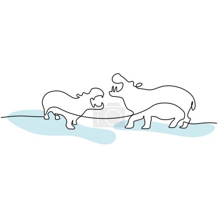 Téléchargez les illustrations : Une seule ligne continue de deux grands Hippopotames isolés sur fond blanc. - en licence libre de droit