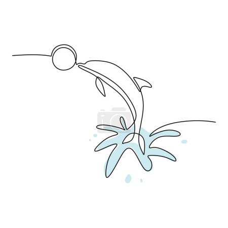 Ilustración de Una sola línea continua de Dolphin jugando pelota aislada sobre fondo blanco. - Imagen libre de derechos