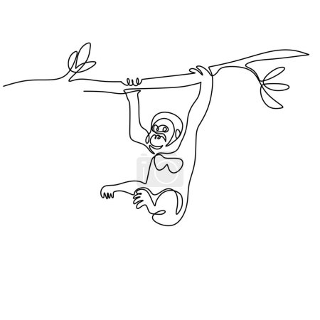 Téléchargez les illustrations : Une seule ligne continue d'orang-outan suspendue à un arbre isolé sur fond blanc. - en licence libre de droit