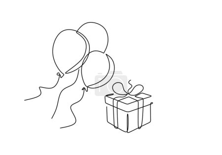 Illustration for Gift box and balloons, greeting card template, outline vector sign, linear illustration - Royalty Free Image