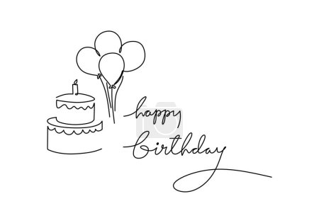 Ilustración de Icono de la línea de pastel de cumpleaños con letras y globos, signo de vector de contorno, ilustración lineal - Imagen libre de derechos