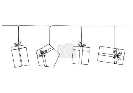 Ilustración de Caja de regalos de plantilla de dibujo continuo de una línea con concepto de fiesta. Bday presenta una caja de cartón o una plantilla de banner con tipografía de feliz cumpleaños. Ilustración gráfica vectorial de diseño de línea única - Imagen libre de derechos