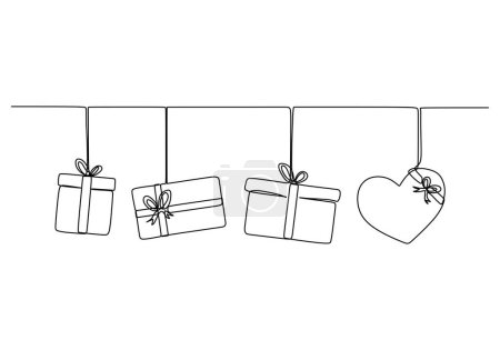 Ilustración de Caja de regalos de plantilla de dibujo continuo de una línea con concepto de fiesta. Bday presenta una caja de cartón o una plantilla de banner con tipografía de feliz cumpleaños. Ilustración gráfica vectorial de diseño de línea única - Imagen libre de derechos