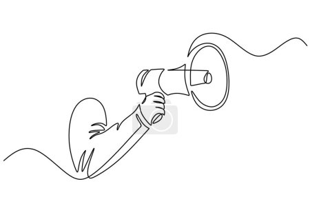 Téléchargez les illustrations : Une seule ligne continue de mégaphone de maintien de la main isolé sur fond blanc. - en licence libre de droit