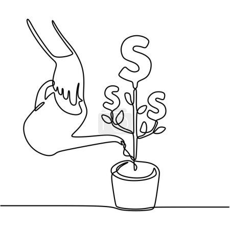 Illustration for Growing money continuous one line drawing. Watering plant with dollar harvest. - Royalty Free Image