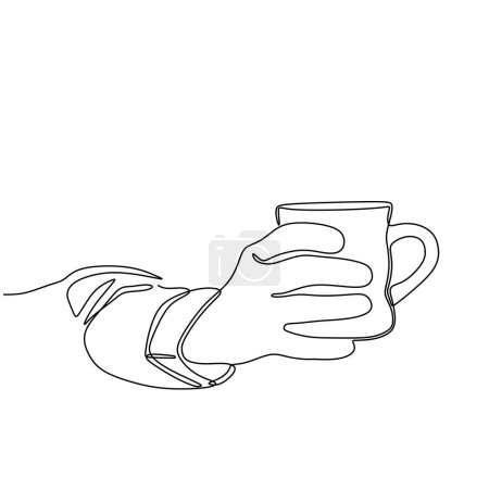 Illustration for Hand holding cup of coffee. Continuous one line drawing. Coffee time concept. Vector illustration isolated. Minimalist design handdrawn. - Royalty Free Image