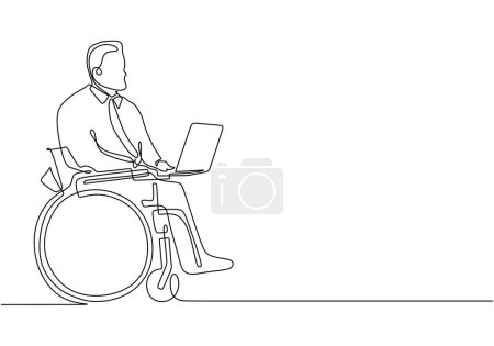 Téléchargez les illustrations : Personnes handicapées en fauteuil roulant. Dessin continu d'une ligne. Homme de travail avec ordinateur portable. - en licence libre de droit