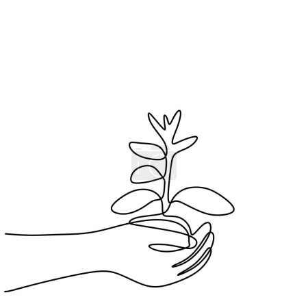 Ilustración de Una línea de dibujo de las manos sosteniendo una planta. Concepto de crecimiento y amor de la tierra en un solo contorno continuo. - Imagen libre de derechos