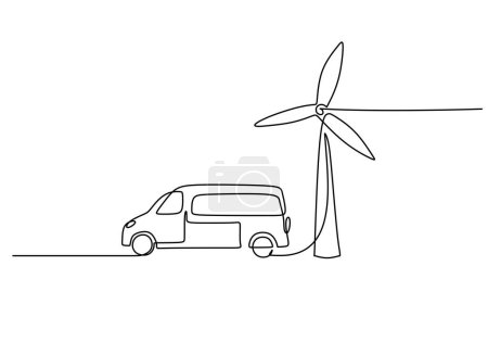 Illustration for Windmill generator with car in continuous one line art drawing. Eco vehicle green energy concept. - Royalty Free Image