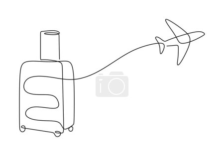 Téléchargez les photos : Voyagez un dessin en ligne continu. Avion avec valise. Illustration vectorielle isolée. Design minimaliste dessiné à la main. - en image libre de droit