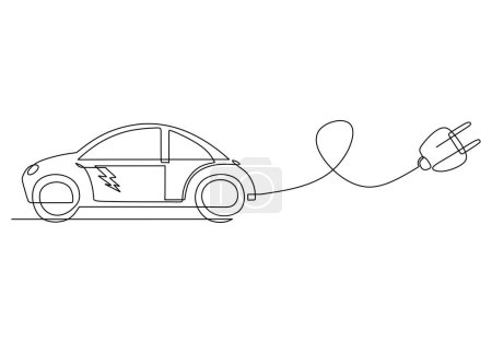 Illustration for Electric car in continuous one line art drawing. Vehicle green energy concept with electrical power and battery. Plug symbol with transportation vector illustration. - Royalty Free Image