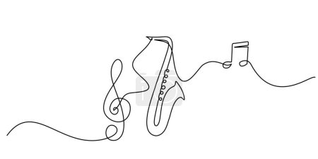 Téléchargez les illustrations : Un dessin de ligne de trompette avec des notes de musique ton design. Instrument de musique jazz classique. Illustration vectorielle style contour continu simple. - en licence libre de droit