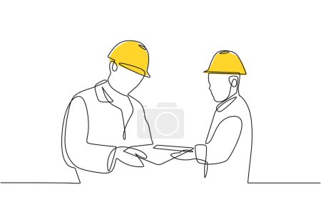 Illustration for Construction worker discuss a project. One line drawing continuous style. People plan work with helmet. - Royalty Free Image