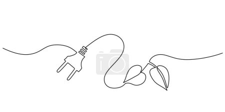 Ilustración de Dibujo de una línea de enchufe eléctrico con hoja. Concepto de energía verde. Eco y tema moderno vector ilustración. - Imagen libre de derechos