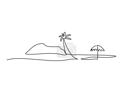Téléchargez les illustrations : Plage dessin en ligne continue. Illustration vectorielle de la plage de parasols pendant les vacances d'été. Paysage panoramique de l'art de la nature. - en licence libre de droit