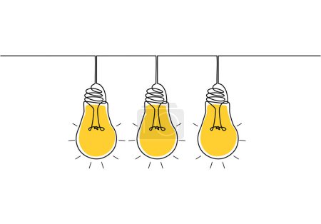 Illustration for Three Hanging extinct yellow light bulbs with knot tangled cable and one glowing with straight cord. Concept of idea and choosing successful idea from many failed ones. - Royalty Free Image