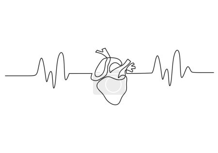 Illustration for One line heart beat with wave. Anatomy symbol of cardiogram healthcare. - Royalty Free Image