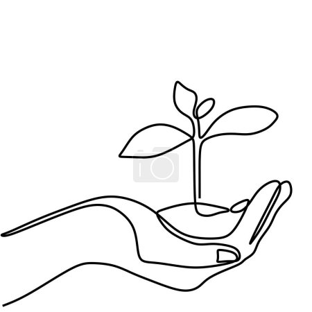 Téléchargez les illustrations : Dessin d'une ligne de mains tenant une plante. Concept de croissance et d'amour terre en contour unique continu. - en licence libre de droit