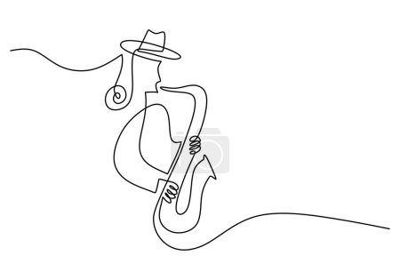 Téléchargez les illustrations : Saxophone dessin d'une ligne. Contour continu dessiné à la main instrument de musique classique jazz. Outils de soufflage pour lecteur. - en licence libre de droit