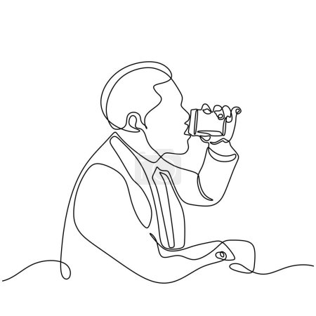 Téléchargez les illustrations : Boire du café continu dessin d'une ligne. Les gens boivent avec un geste délicieux. Illustration vectorielle isolée. Design minimaliste dessiné à la main. - en licence libre de droit
