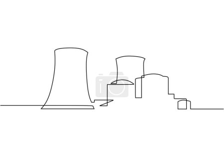 Ilustración de Centrales eléctricas y centrales para la generación de energía. Dibujo continuo de una línea. Edificios industriales paisaje. - Imagen libre de derechos