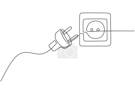 Illustration for Continuous line art drawing of a plug being inserted into an electric outlet in a minimalist black linear design. Isolated on a white background. Vector illustration plug and socket. - Royalty Free Image