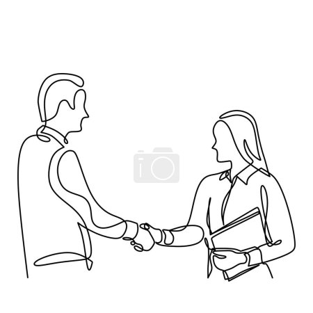 El hombre y la mujer apretón de manos en continuo dibujo de una línea de arte. Carrera profesional empresarial vector ilustración carrera editable.