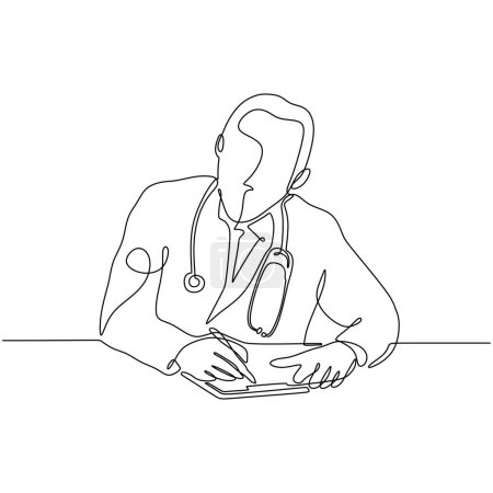 Ilustración de Dibujo continuo de una línea. Doctor sentado y escribiendo. Concepto médico de salud. Ilustración vectorial personas trabajo. - Imagen libre de derechos