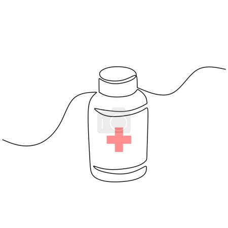 Illustration for Medicine bottle one line art drawing. Vector Medical capsules container. - Royalty Free Image